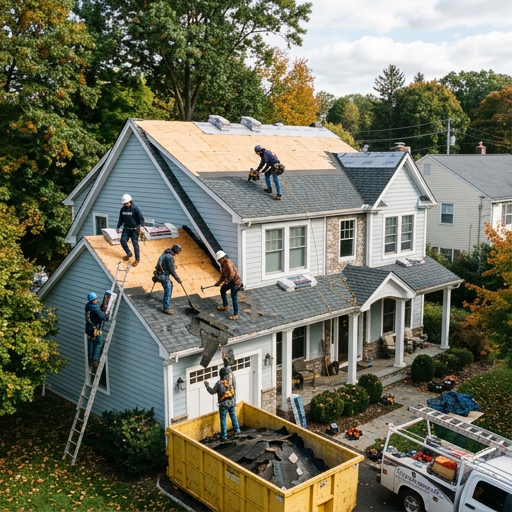 During roof replacement: crew removing shingles over new plywood decking, with a dumpster in the driveway