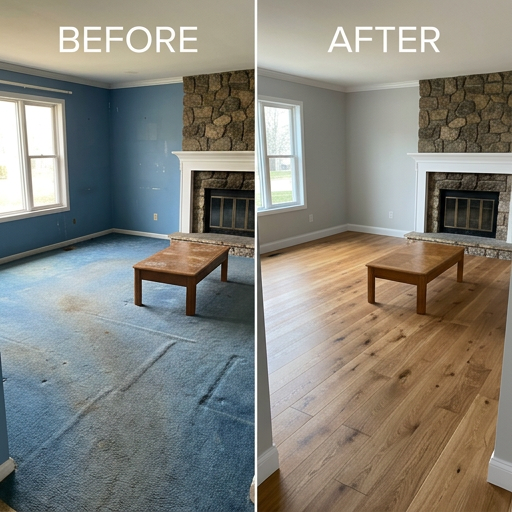 Before and after living room: stained blue carpet and blue walls replaced by light hardwood flooring and gray walls by a stone fireplace